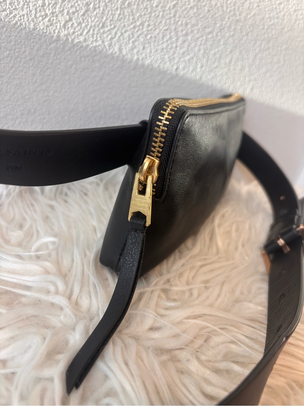 Allsaints S/M Black Leather Mini Belt Bag with Gold Hardware